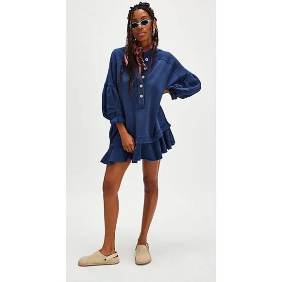 Free People Navy Blue Zander Mini Dress Oversized Layered French Terry Sz L - Picture 1 of 9